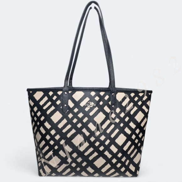 Coach Handbags - Coach City Tote Wild Plaid Black & Cream Coated Canvas Handbag Reversible Purse